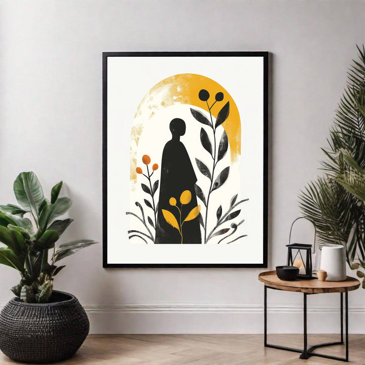 Wadi Home abstract botanical archway wall art with black silhouette figure, yellow sunburst, and foliage.