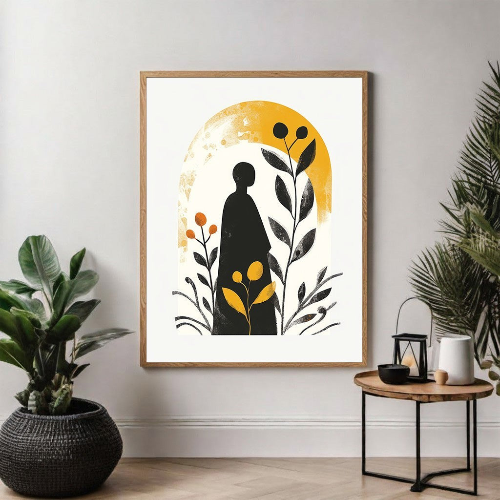 Wadi Home abstract botanical archway wall art with black silhouette figure, yellow sunburst, and foliage.