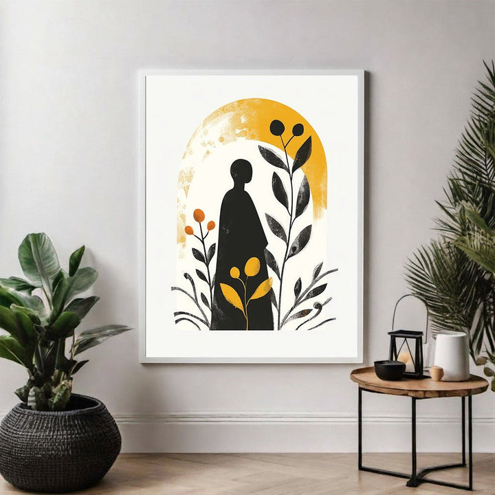 Wadi Home abstract botanical archway wall art with black silhouette figure, yellow sunburst, and foliage.