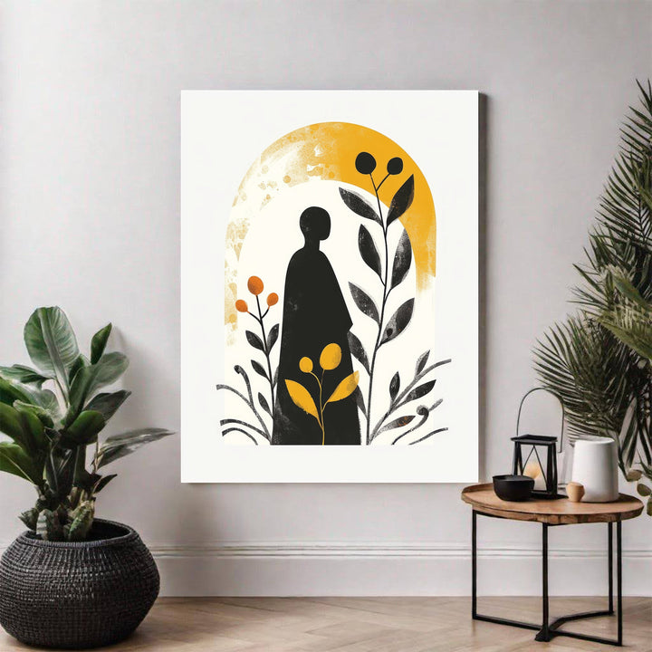 Wadi Home Abstract Silhouette Botanical Archway Wall Art with black figure, yellow sunburst, and botanical elements.