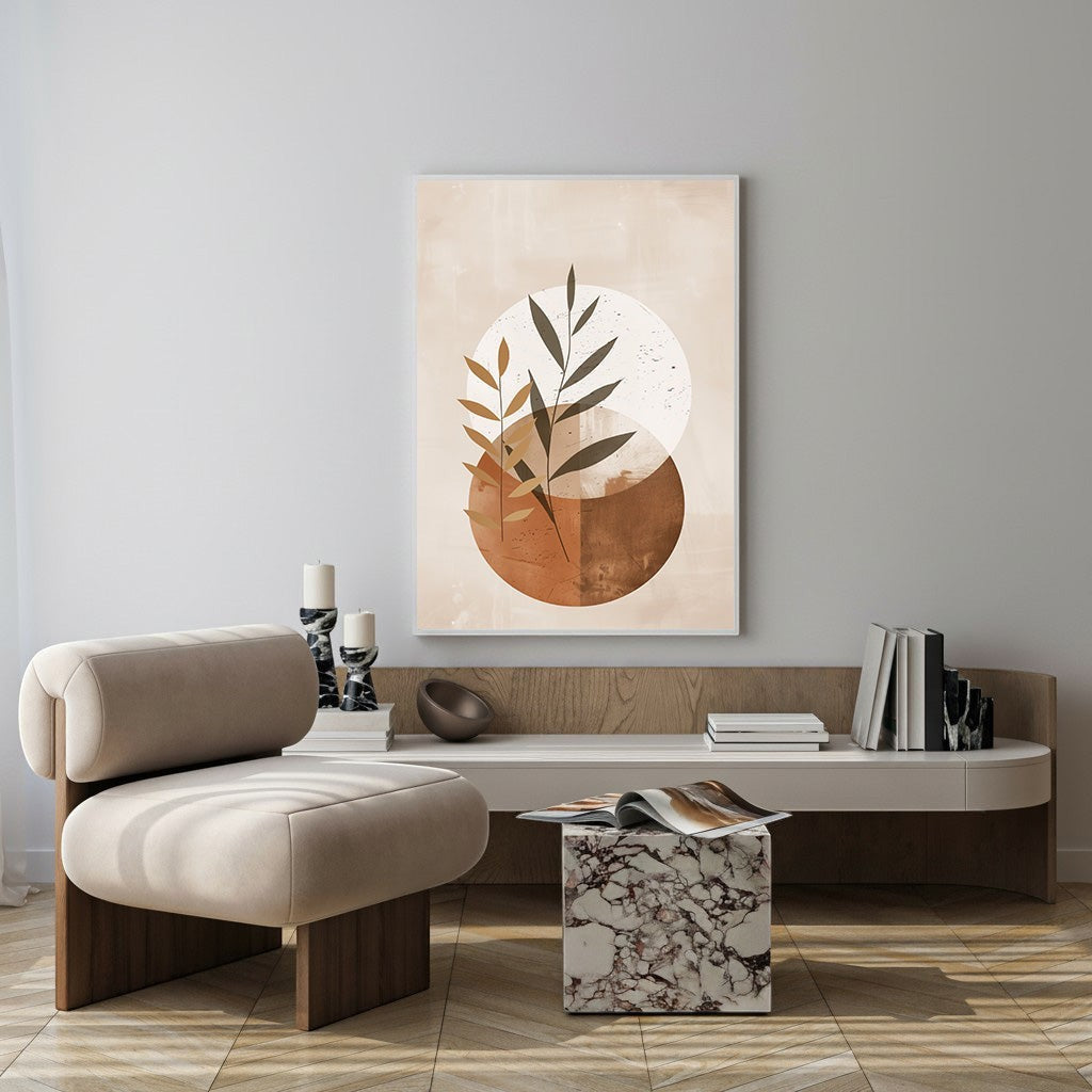 Wadi Home Abstract Botanical Circles Wall Art with terracotta and neutral tones, featuring overlapping circles and botanical elements.