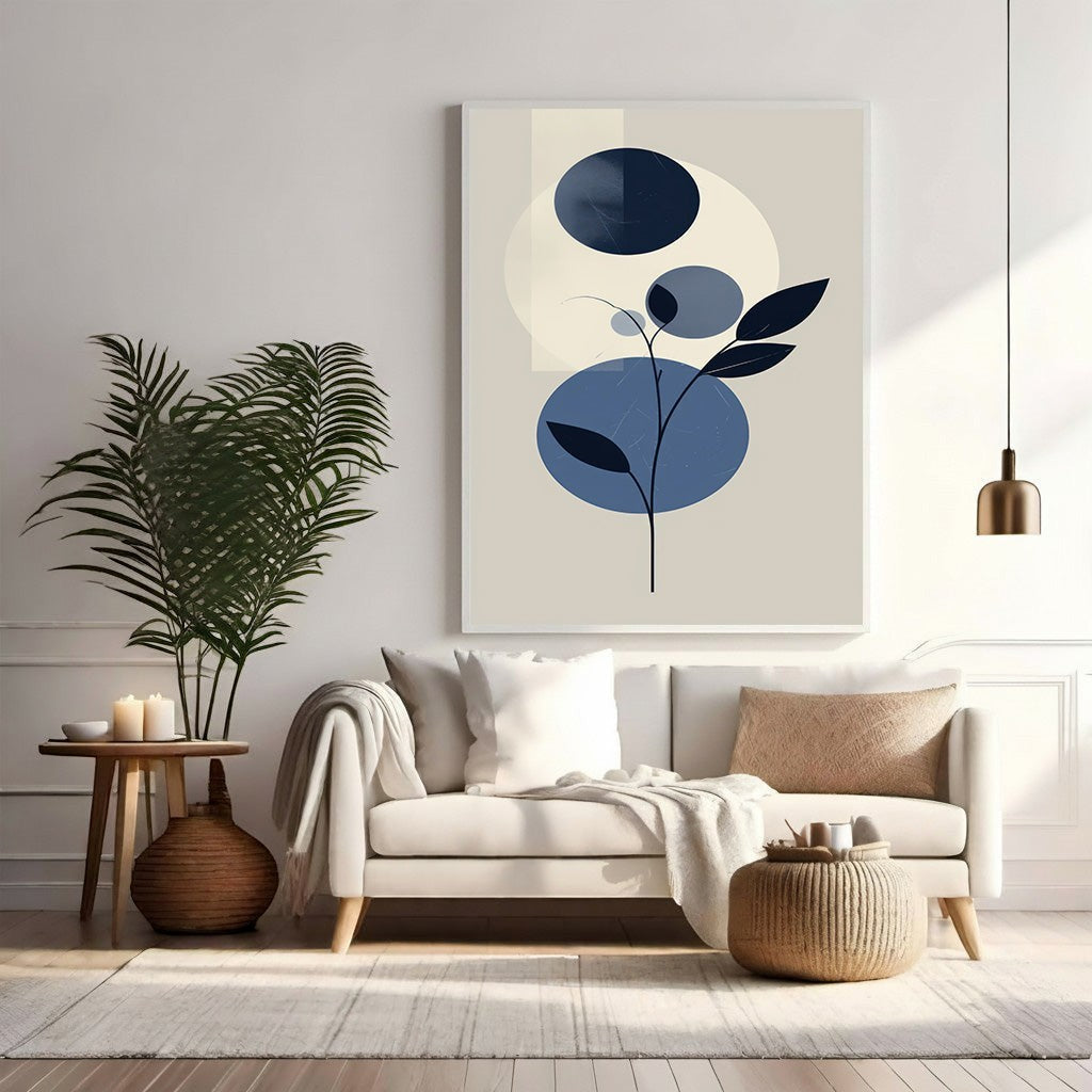 Wadi Home Abstract Botanical Circles Wall Art in deep blues and neutral tones, minimalist design with organic shapes.