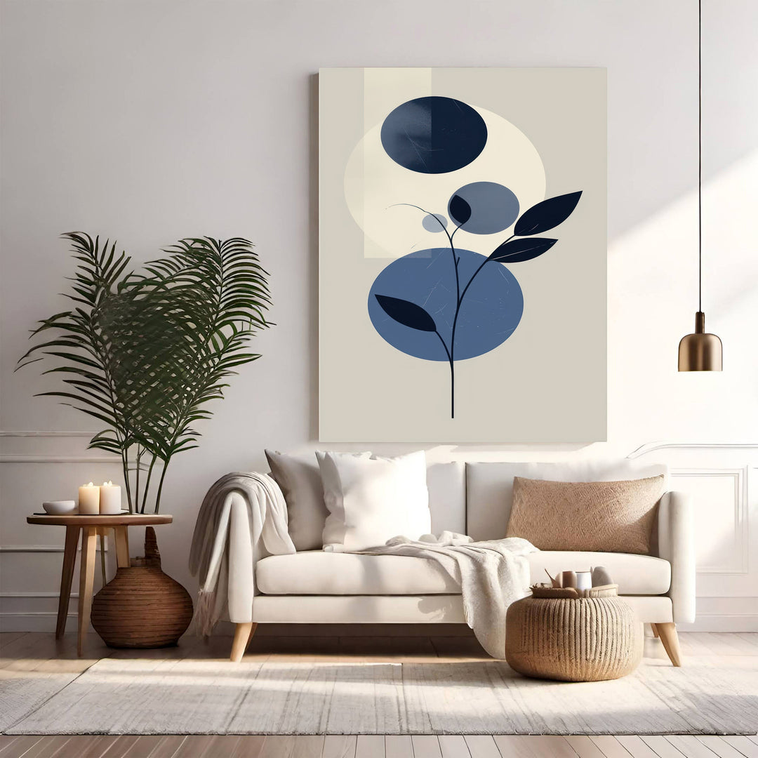 Wadi Home Abstract Botanical Circles Wall Art with deep blue and neutral tones, minimalist design.