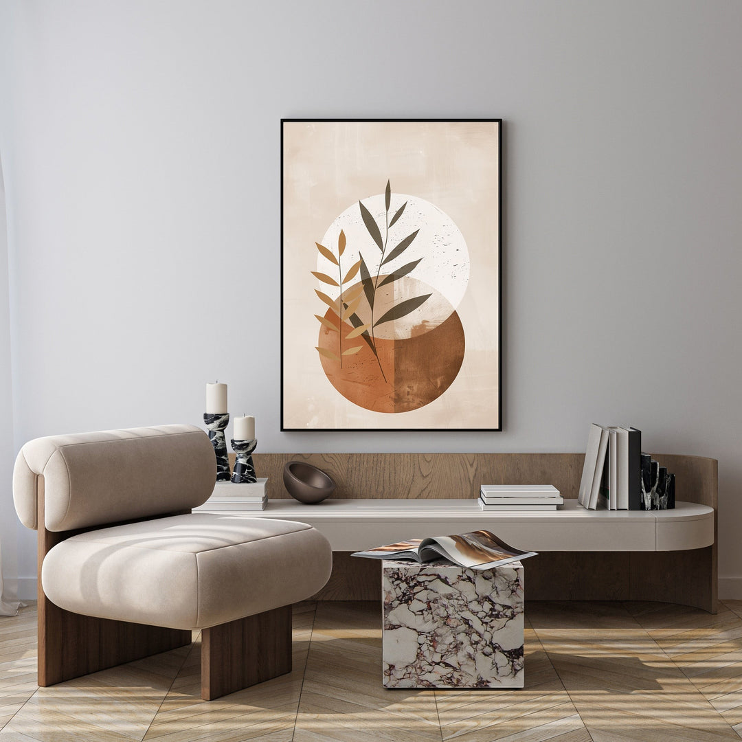 Wadi Home abstract botanical circles wall art in terracotta and neutral tones, featuring overlapping circles and plant stems.