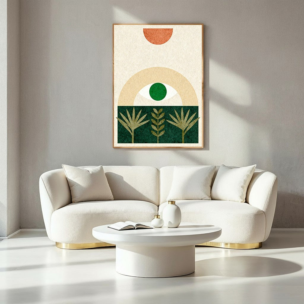 Wadi Home Abstract Botanical Eye Framed Wall Art with green eye, terracotta sun, and botanical motifs on cream background.