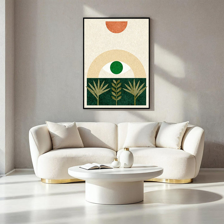 Wadi Home Abstract Botanical Eye Framed Wall Art with green eye, terracotta sun, and botanical motifs on cream background.