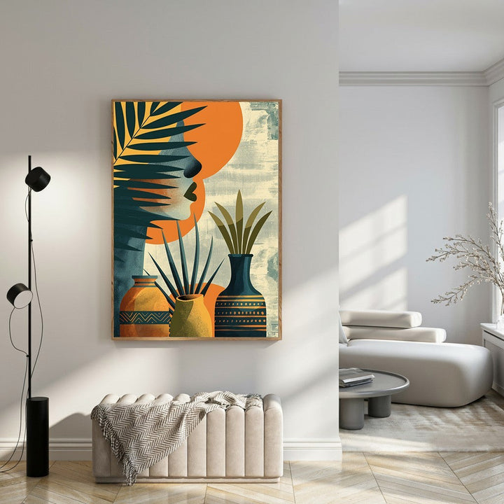 Wadi Home abstract botanical face wall art with warm orange, teal, and earthy tones. Features a female profile with tropical foliage and vases.