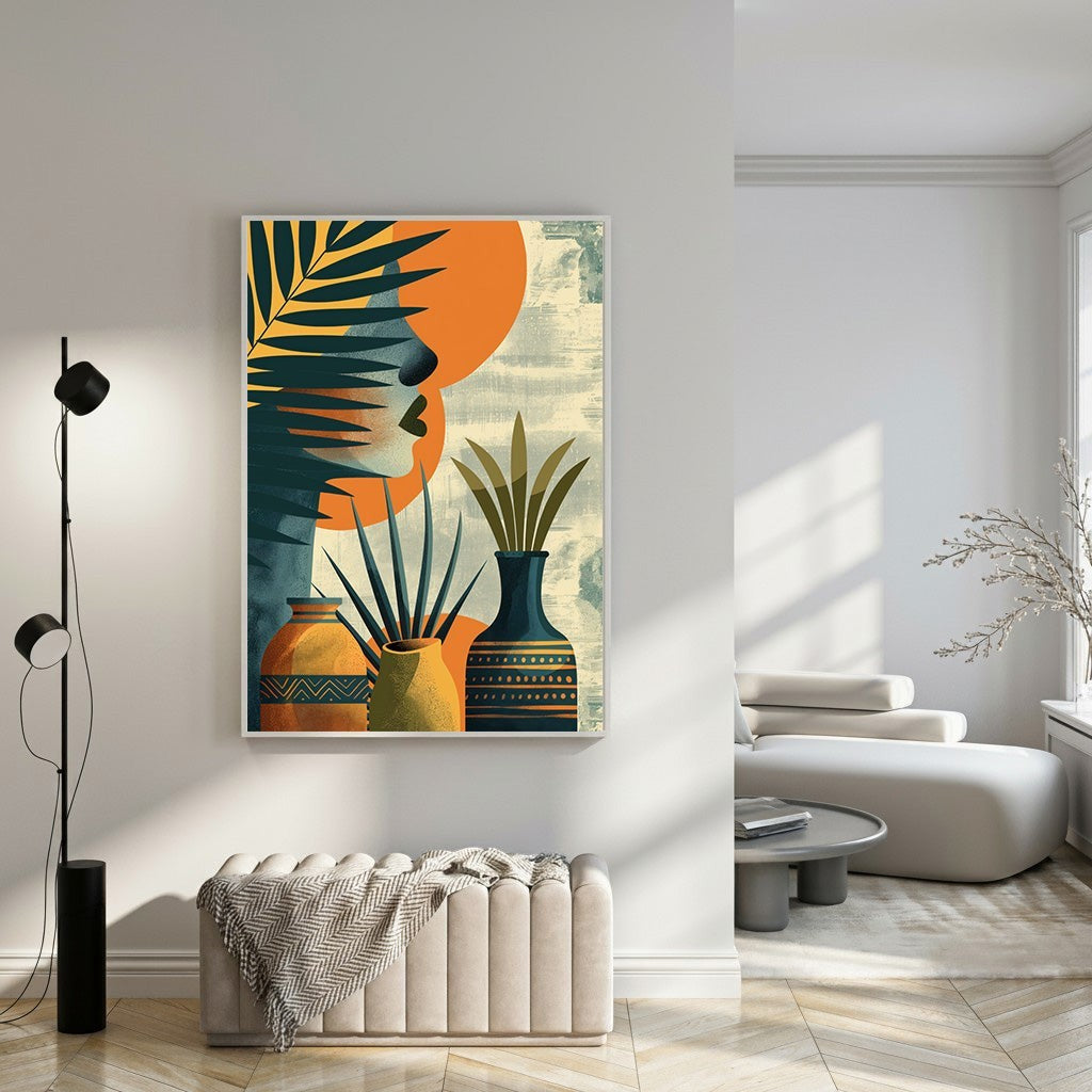 Wadi Home abstract botanical face wall art with warm orange, teal, and earthy tones. Features a female profile with tropical foliage and vases.