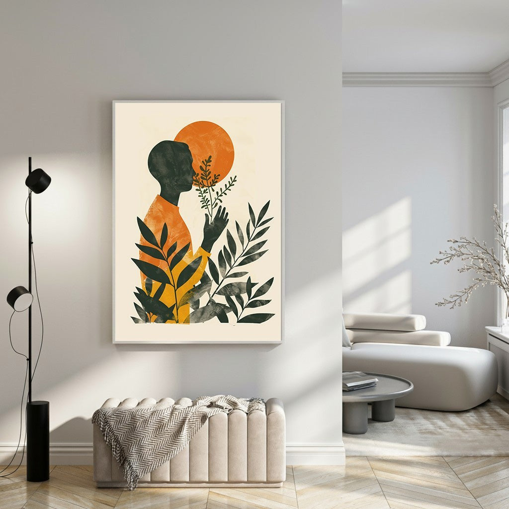 Wadi Home abstract wall art featuring a dark silhouette of a person holding botanical elements against an orange sun and cream background.