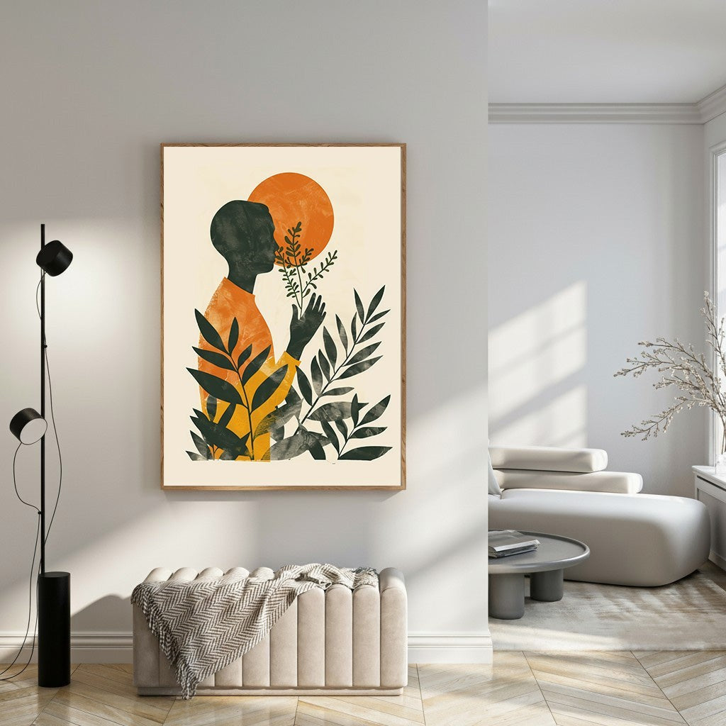 Wadi Home abstract wall art featuring a dark silhouette of a person smelling a plant against an orange sun and botanical elements in earthy tones.