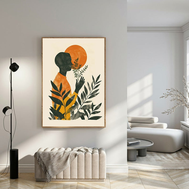 Wadi Home abstract wall art featuring a dark silhouette of a person smelling a plant against an orange sun and botanical elements in earthy tones.