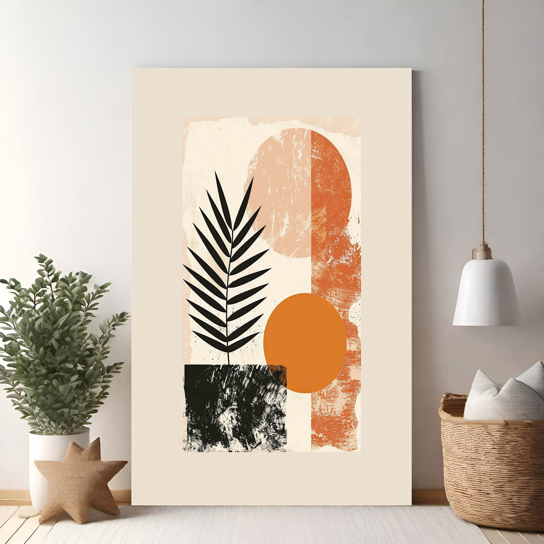 Wadi Home Abstract Botanical Geometric Wall Art with terracotta, black, and beige abstract shapes and a palm leaf.