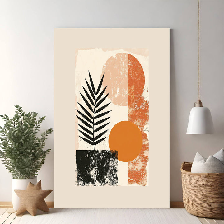 Wadi Home Abstract Botanical Geometric Wall Art with terracotta, black, and beige abstract shapes and a palm leaf.