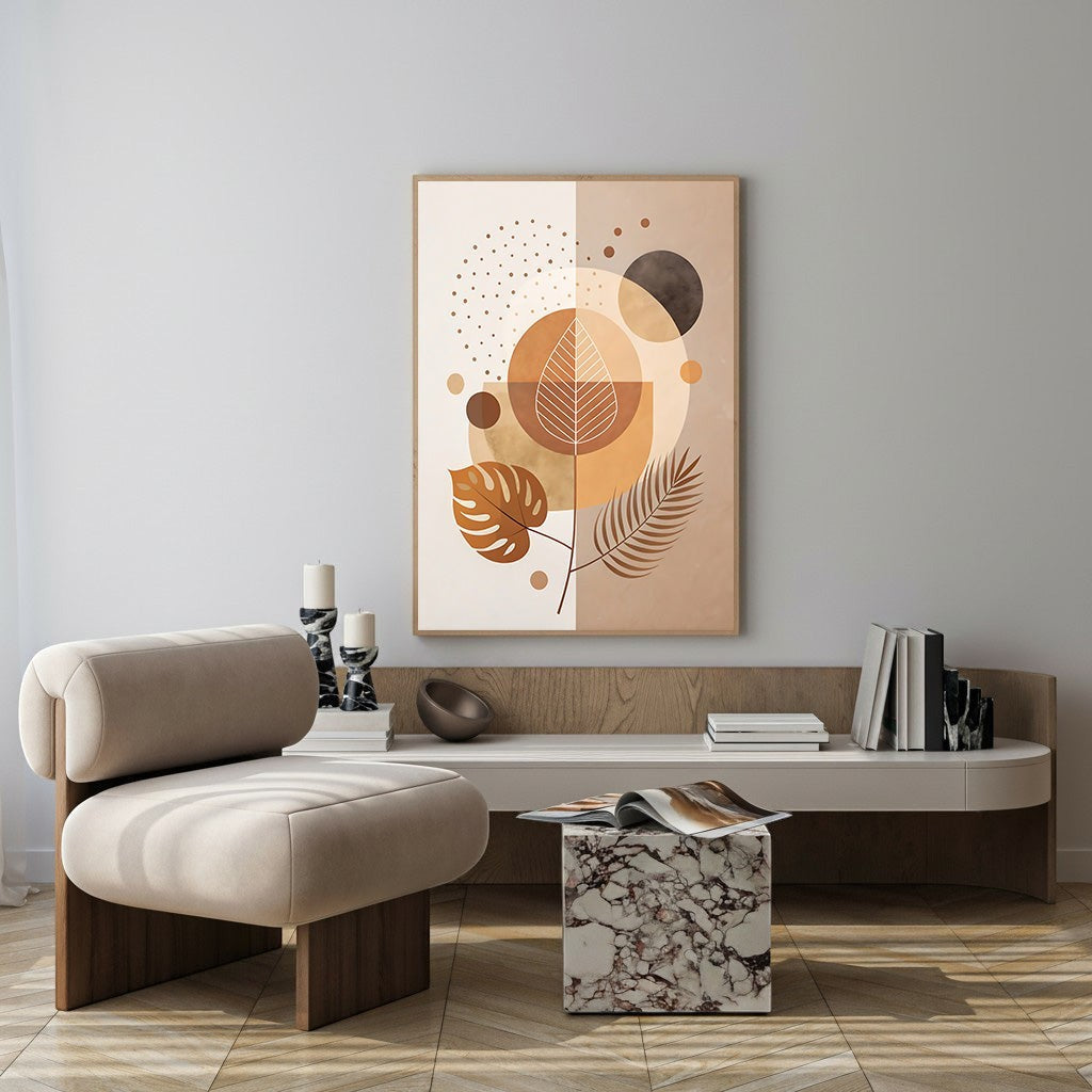 Wadi Home Abstract Botanical Geometric Wall Art featuring earthy tones and leaf motifs. Modern wall art for living rooms, bedrooms, or offices.