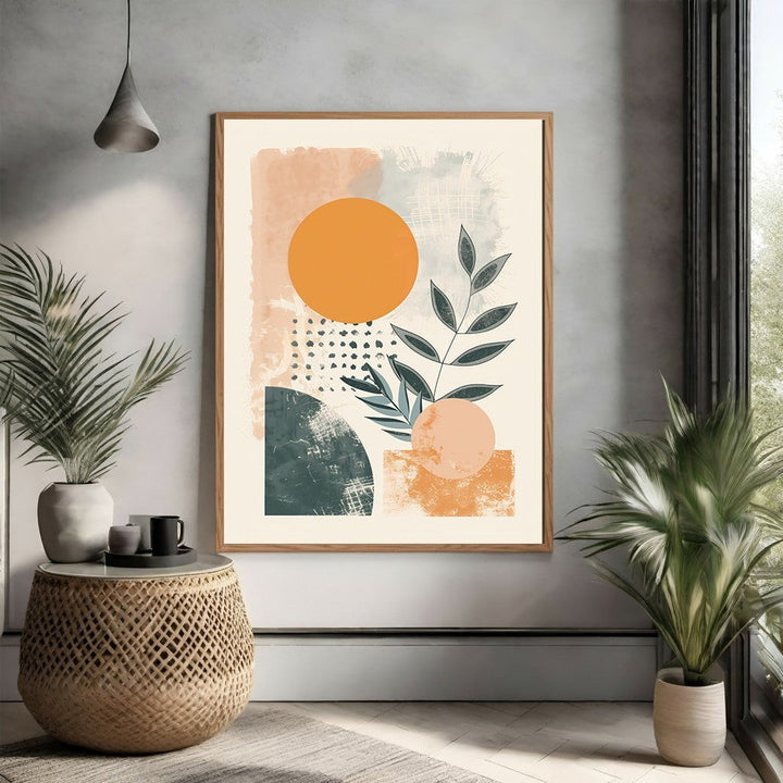 Wadi Home Abstract Botanical Geometric Wall Art with terracotta, teal, and orange hues. Features textured brushstrokes and organic shapes.