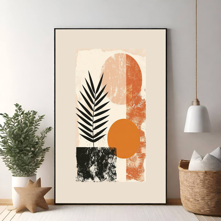 Wadi Home abstract botanical geometric wall art with terracotta, black, and cream hues. Features leaf and circle shapes with textured background.