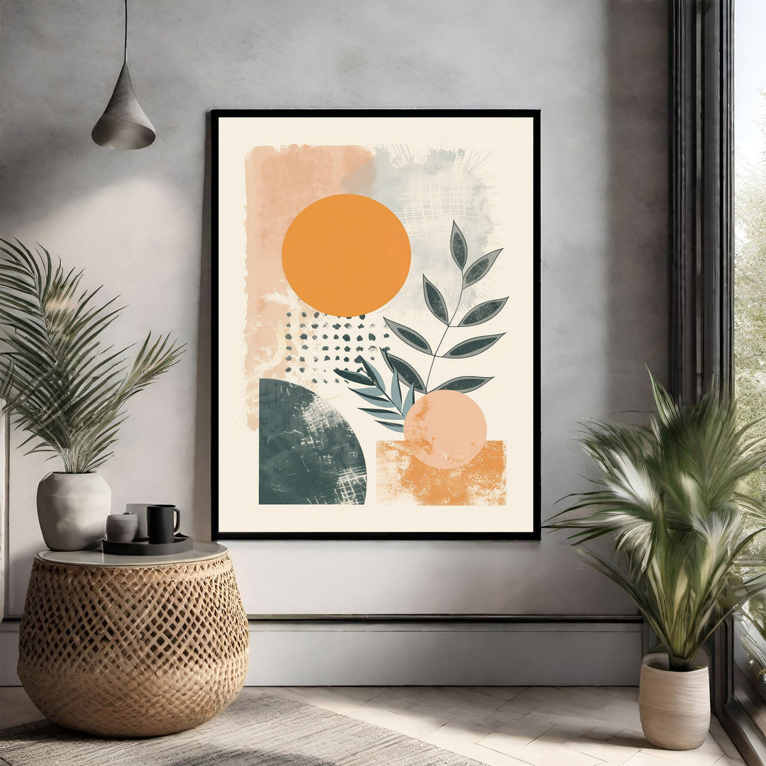 Wadi Home Abstract Botanical Geometric Wall Art with terracotta, teal, and orange hues, featuring circles, leaves, and textured brushstrokes.