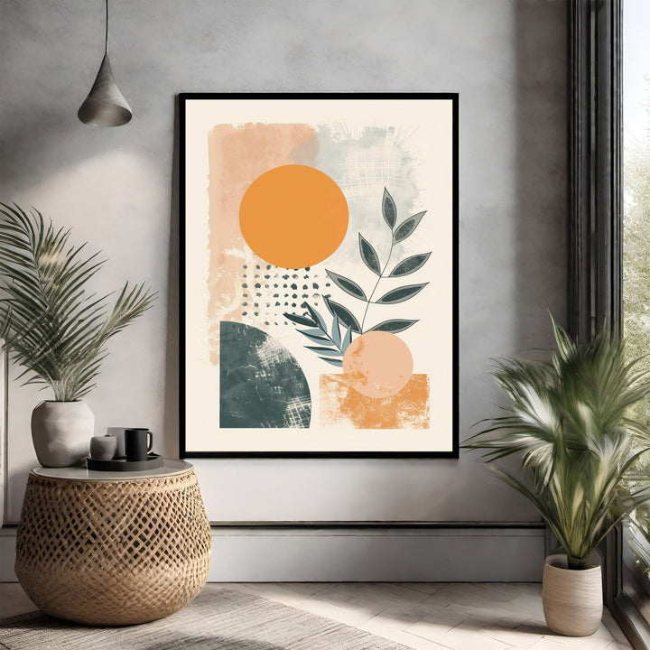 Wadi Home Abstract Botanical Geometric Wall Art with terracotta, teal, and orange hues, featuring circles, leaves, and textured brushstrokes.
