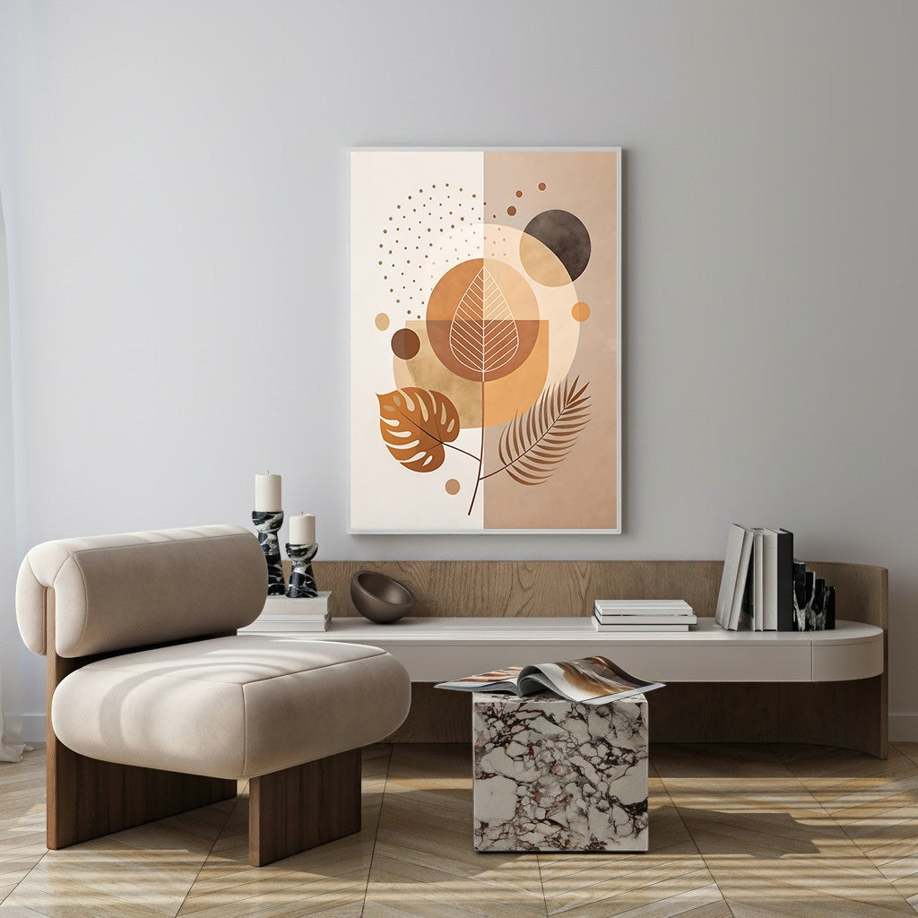 Wadi Home abstract botanical geometric wall art in warm earthy tones of brown and beige, featuring leaf motifs and circles.