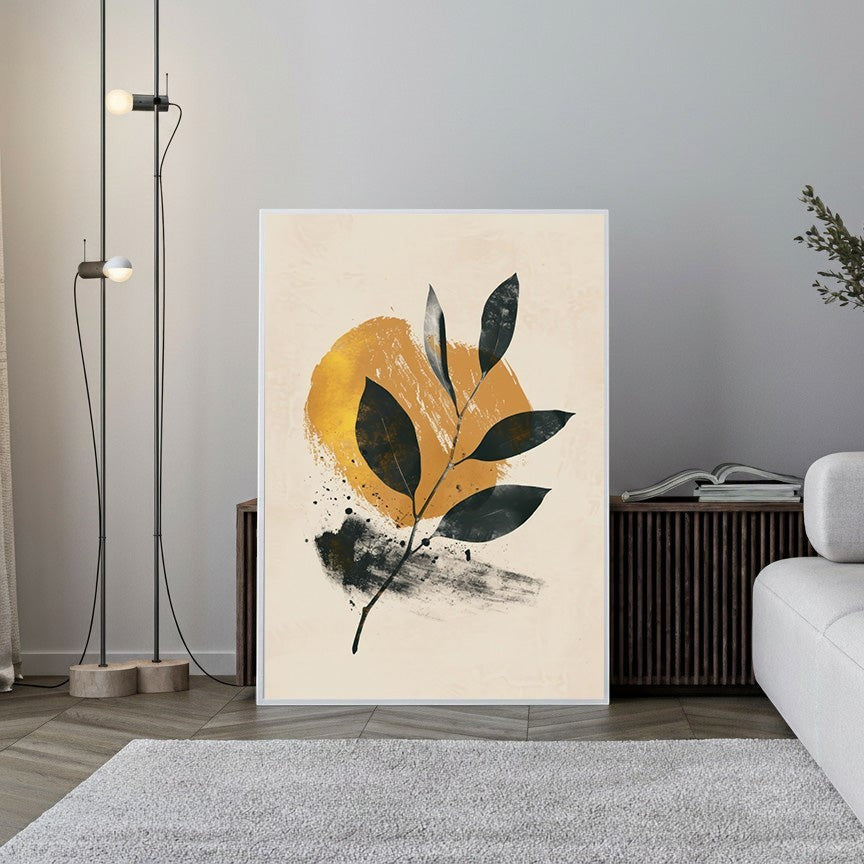 Wadi Home abstract botanical wall art featuring dark green leaves against a textured cream background with a golden sunburst.