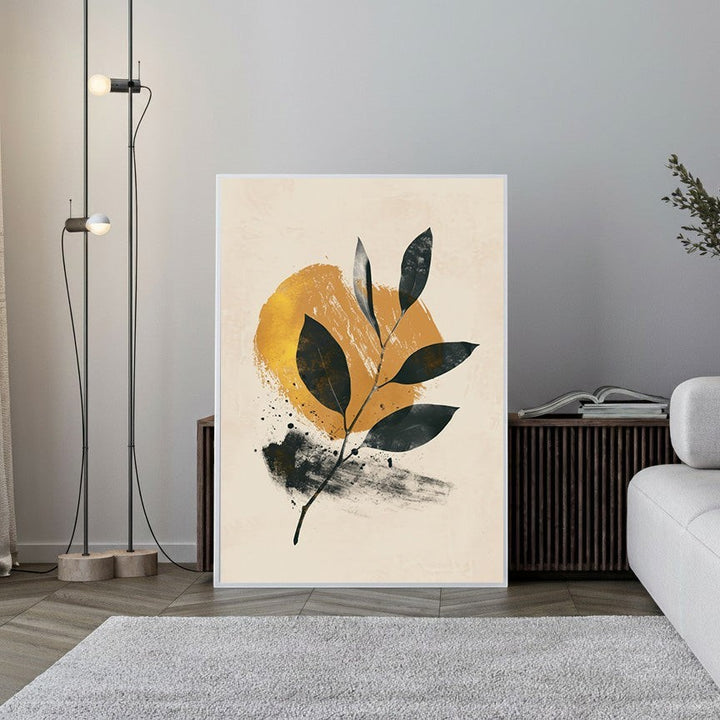 Wadi Home abstract botanical wall art featuring dark green leaves against a textured cream background with a golden sunburst.