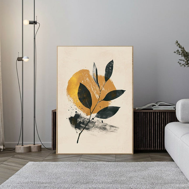 Wadi Home abstract botanical leaf wall art with deep green leaves and golden sunburst on textured background.