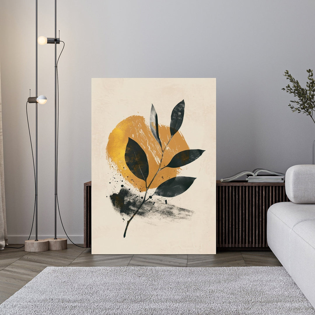 Wadi Home abstract botanical leaf wall art with deep green leaves, golden sunburst, and textured background.