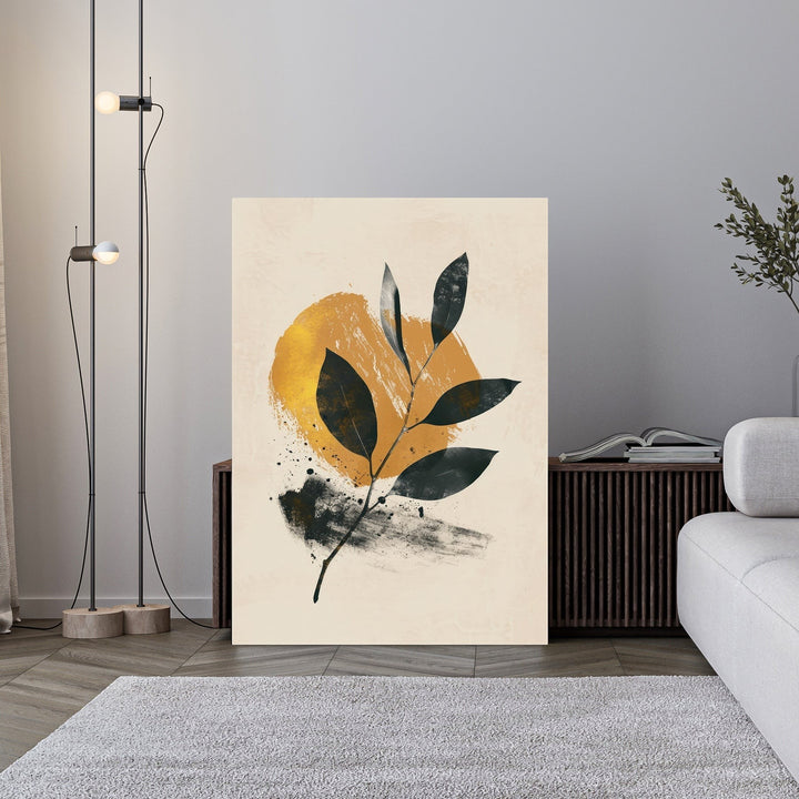 Wadi Home abstract botanical leaf wall art with deep green leaves, golden sunburst, and textured background.