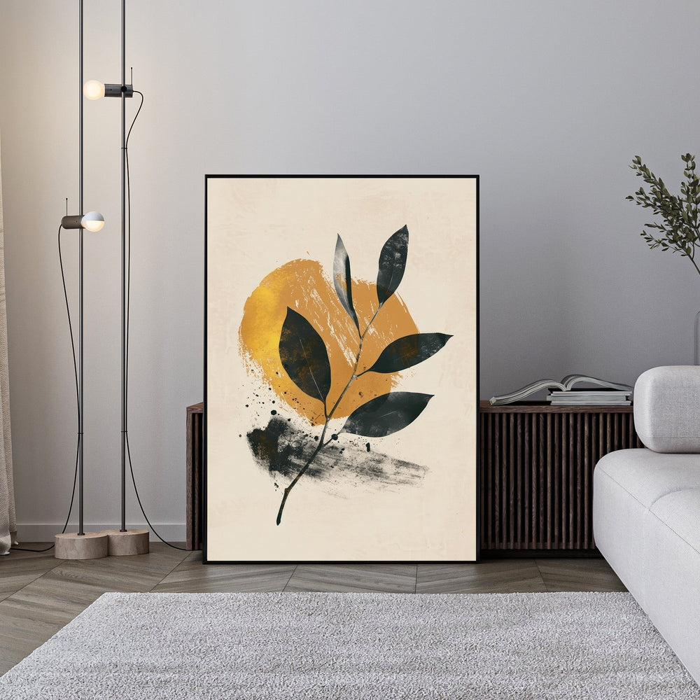 Wadi Home abstract botanical leaf wall art with deep green leaves, golden sunburst, and textured background.