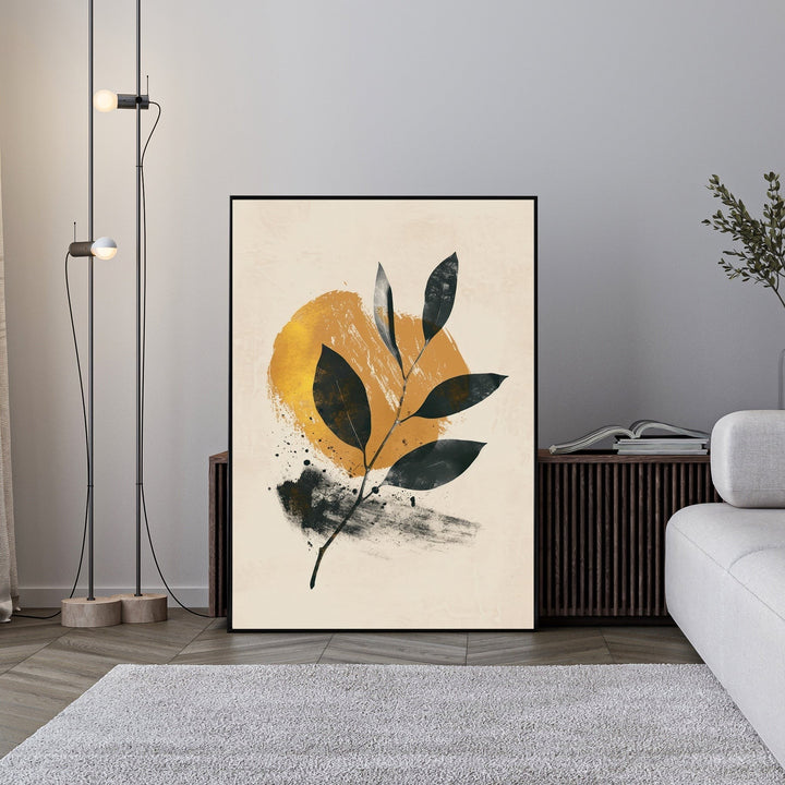 Wadi Home abstract botanical leaf wall art with deep green leaves, golden sunburst, and textured background.