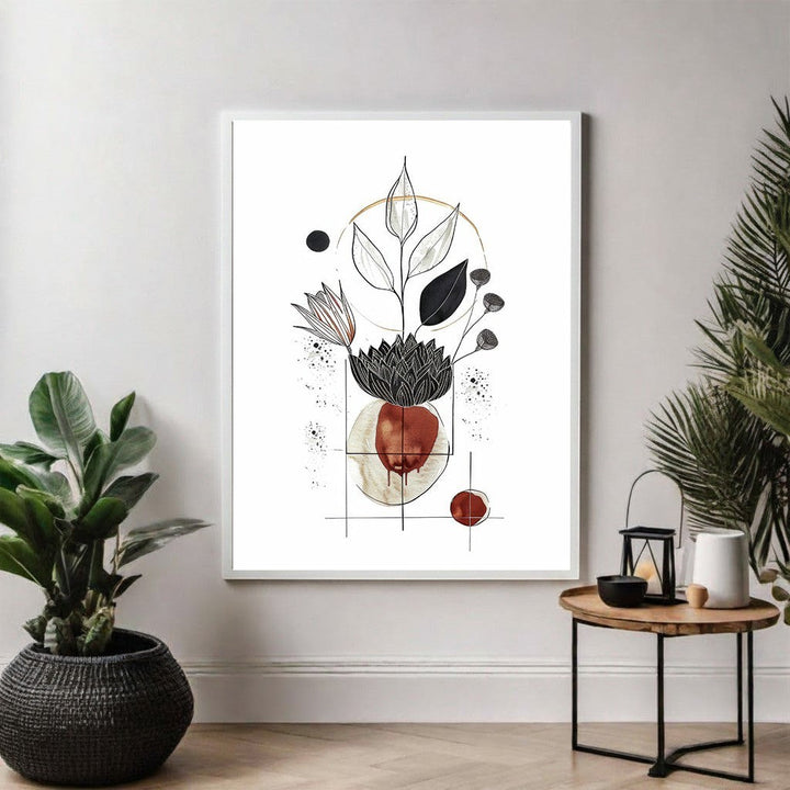 Wadi Home abstract botanical line art framed wall art with earthy tones and minimalist design.