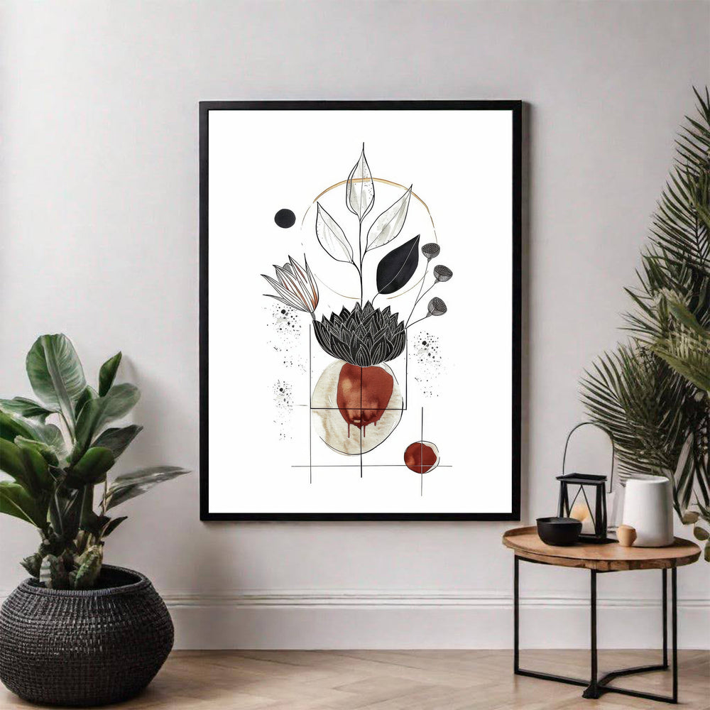 Wadi Home Abstract botanical line art framed wall art with black, white, and terracotta details. Minimalist design.