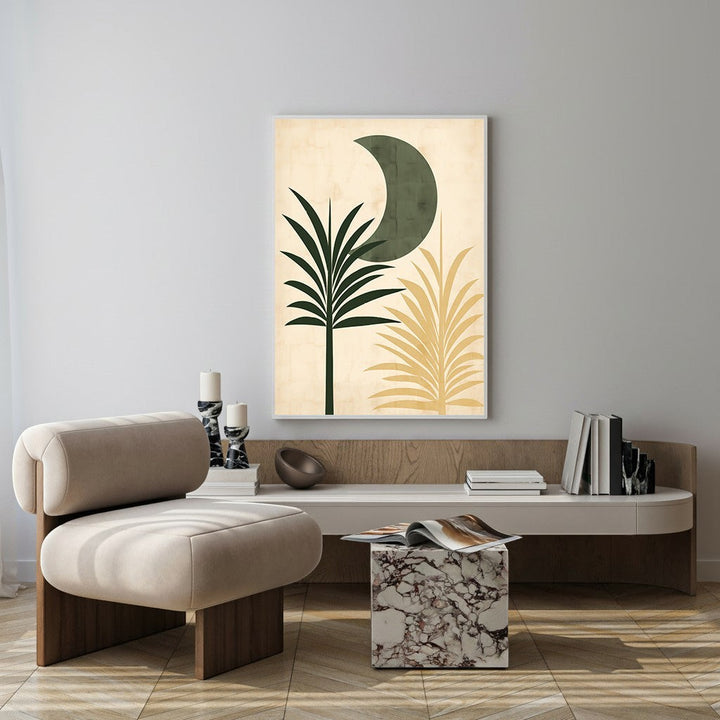 Wadi Home Abstract Botanical Moon Wall Art with green crescent moon and palm fronds in ochre and green.