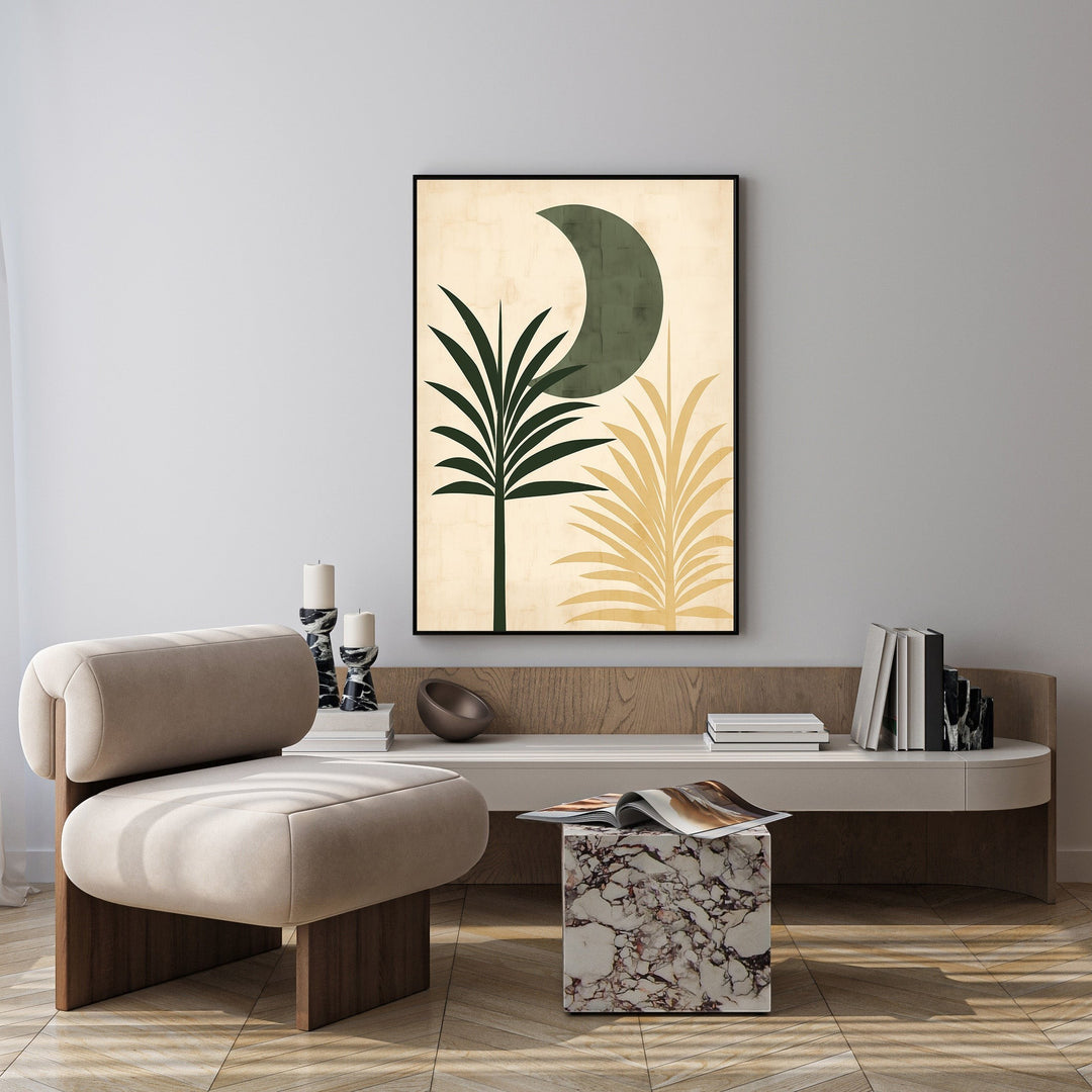 Wadi Home Abstract Botanical Moon Wall Art with green crescent moon and palm fronds on cream background.