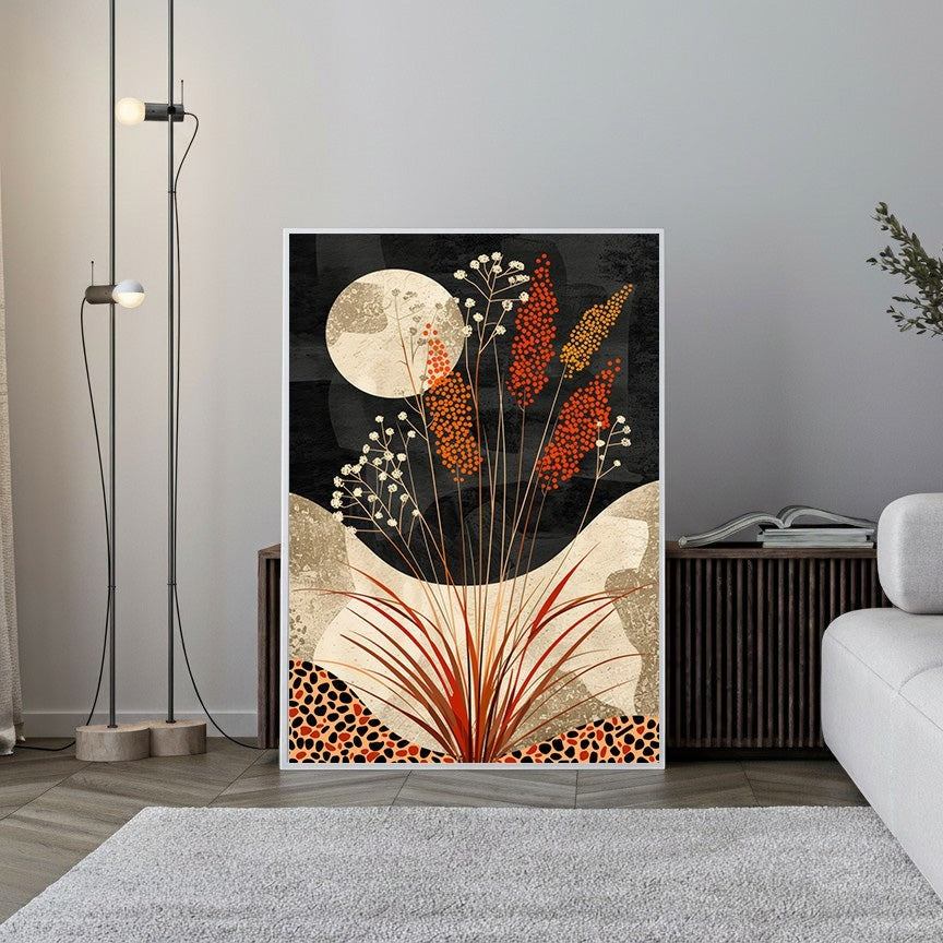 Wadi Home Abstract Botanical Moonscape Wall Art with orange and cream floral elements against a moonlit black background.