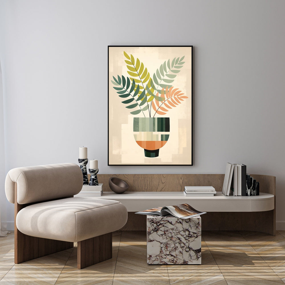 Wadi Home abstract botanical plant in a vase wall art with green, orange, and cream leaves.