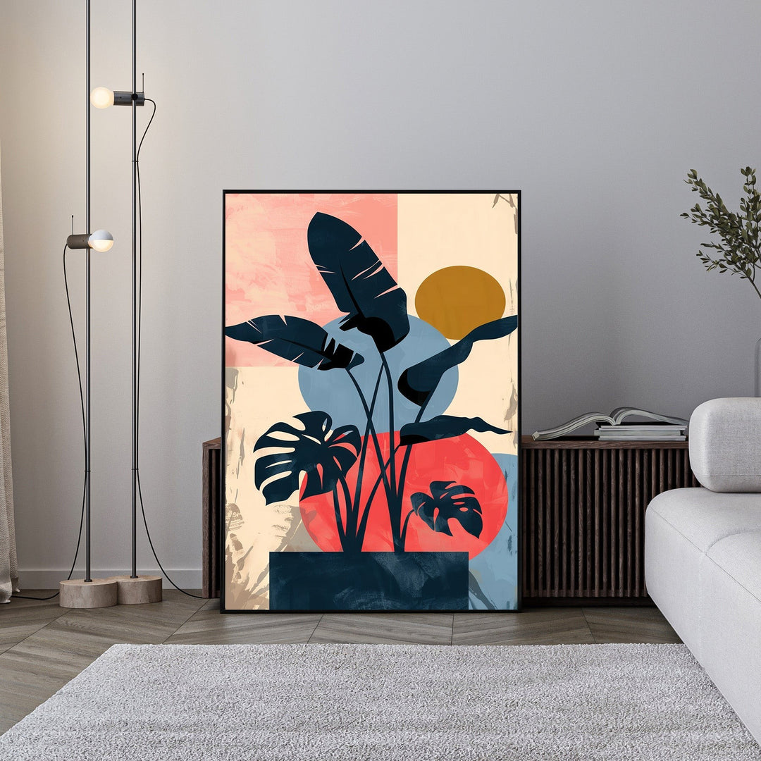 Wadi Home abstract botanical plant art with dark blue foliage, red, blue, and neutral geometric shapes.
