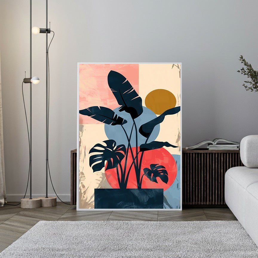Wadi Home abstract botanical plant art with dark blue foliage, red, blue, and neutral geometric shapes.