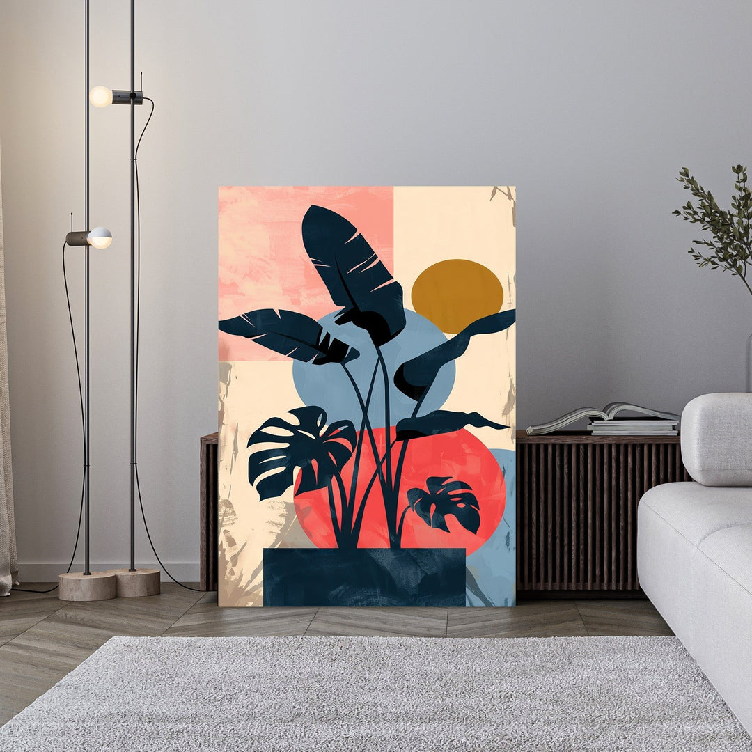 Wadi Home abstract botanical plant art with dark blue foliage, red, blue, and neutral geometric shapes.