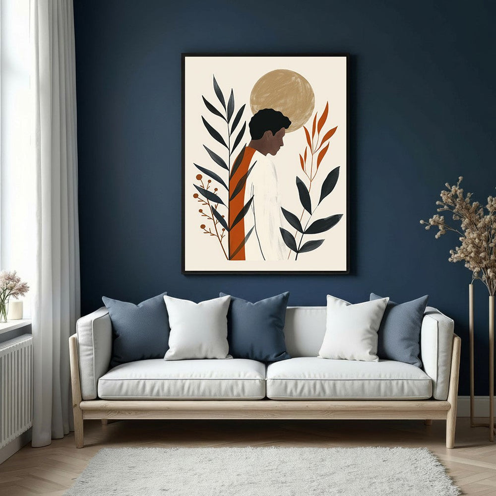 Wadi Home abstract botanical portrait wall art with profile of a person, sun, and dark foliage in black, terracotta, and beige.