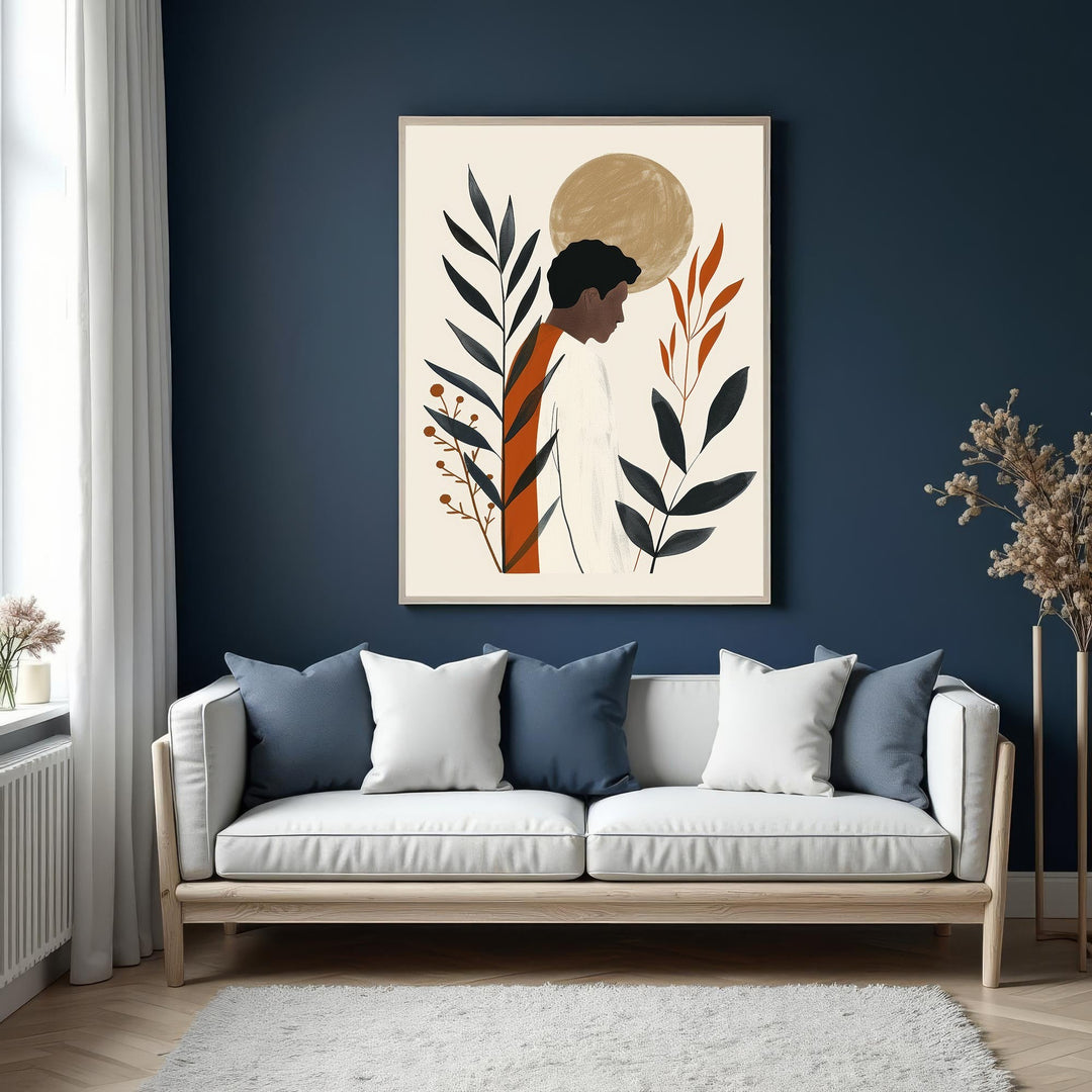 Wadi Home abstract botanical portrait wall art with profile of a person, black leaves, and sun motif in terracotta and beige.
