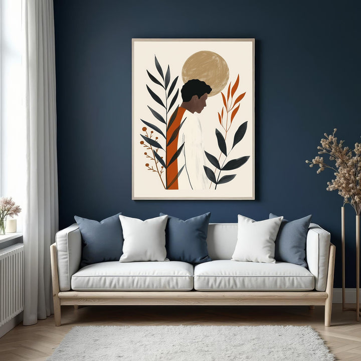 Wadi Home abstract botanical portrait wall art with profile of a person, black leaves, and sun motif in terracotta and beige.