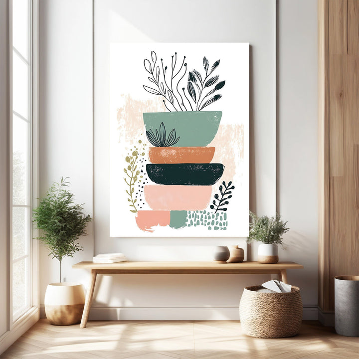 Wadi Home Abstract Botanical Stacked Bowls Wall Art with green, coral, navy, and pink bowls and botanical line art.
