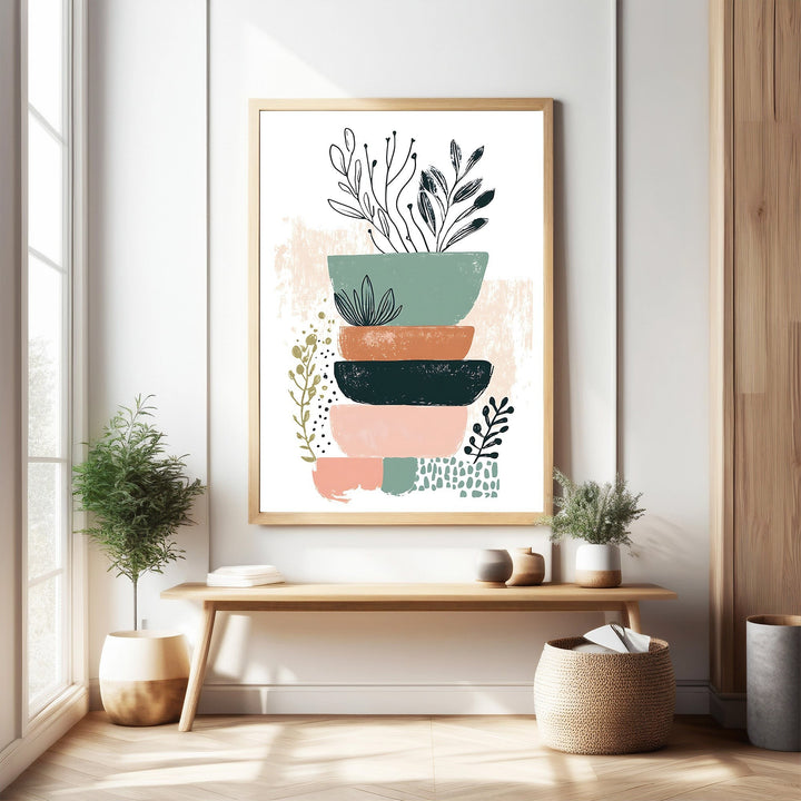 Wadi Home abstract botanical stacked bowls wall art in pastel green, terracotta, navy, and pink with minimalist botanical illustrations.