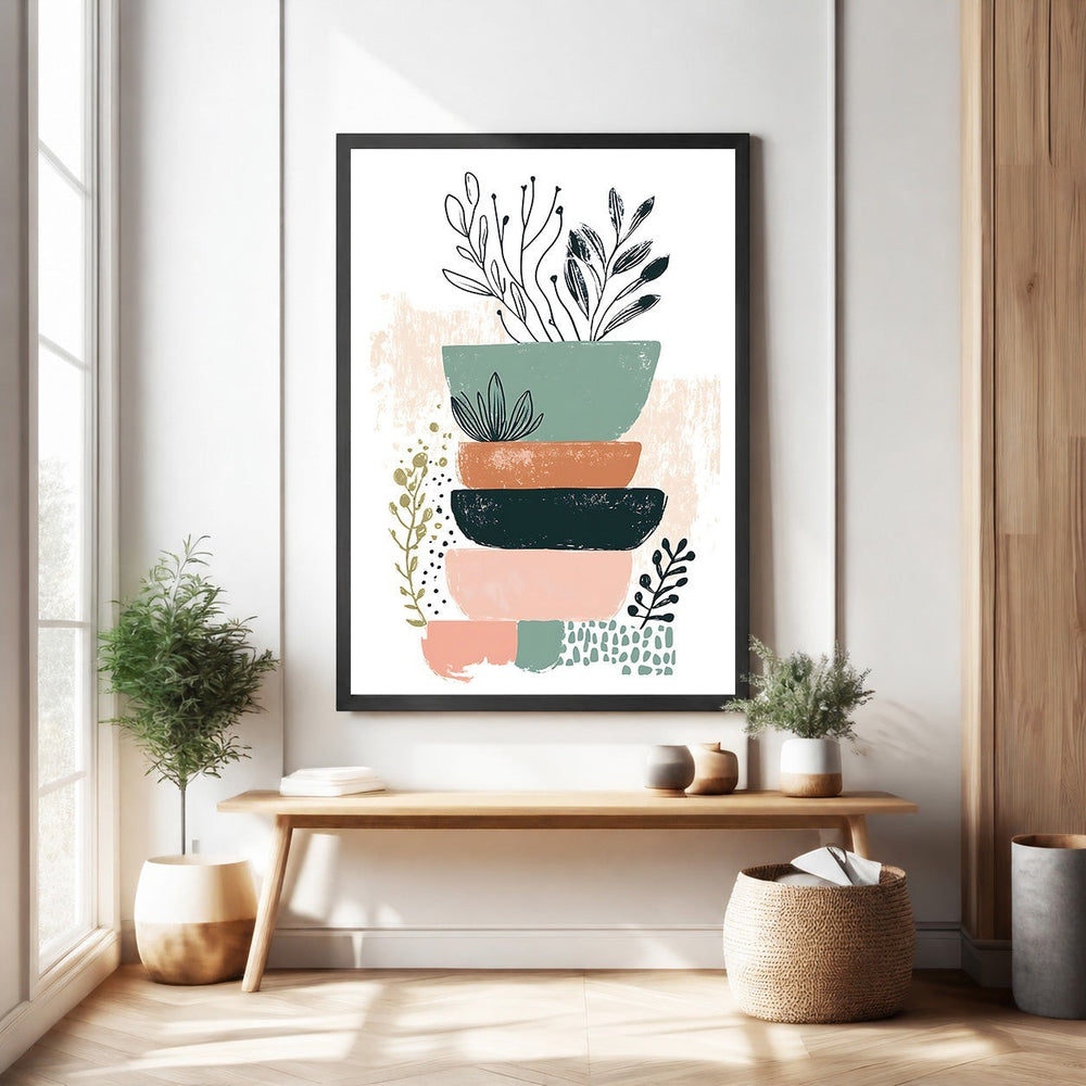 Wadi Home abstract botanical stacked bowls wall art in earthy tones with botanical illustrations. Modern minimalist design.