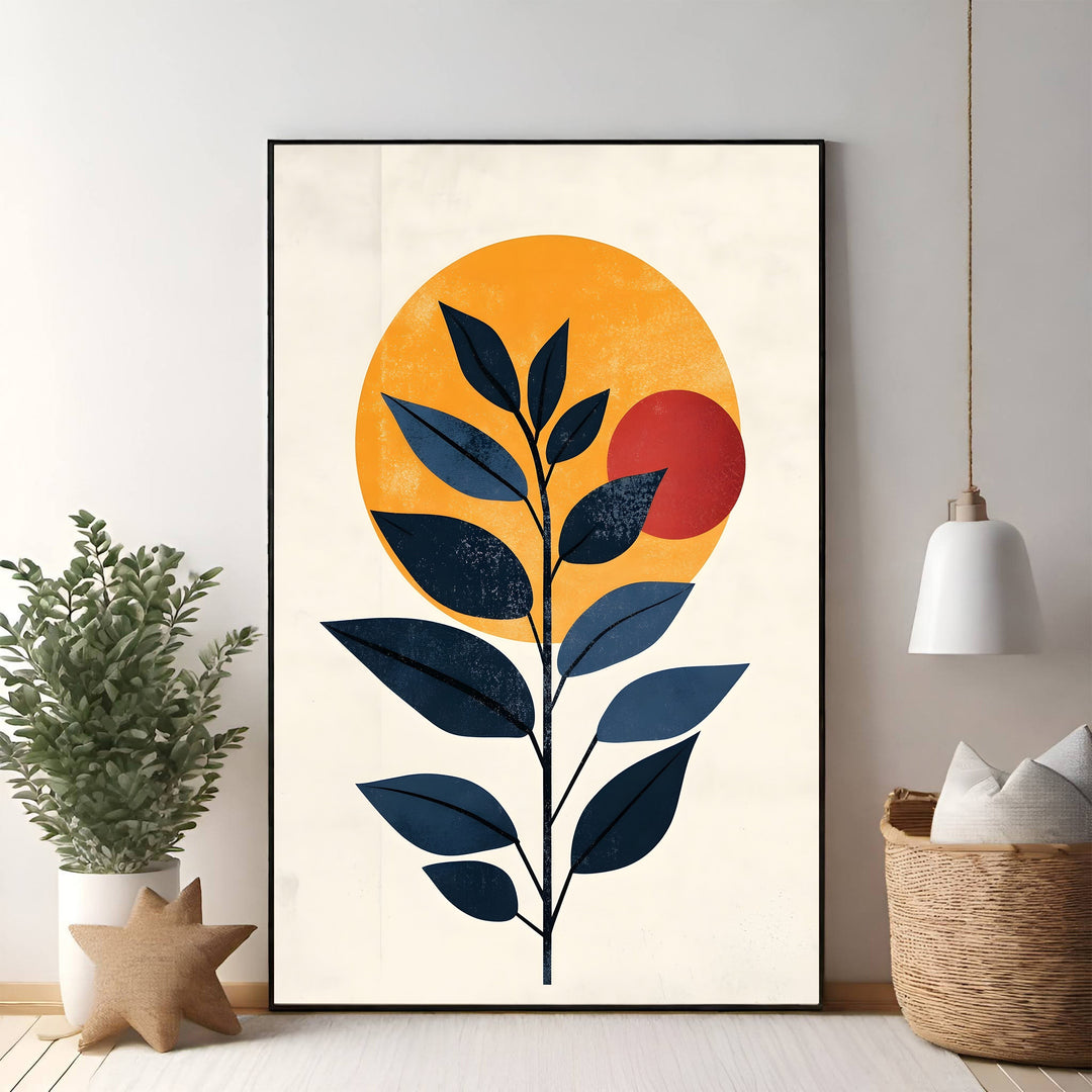 Wadi Home Abstract Botanical Sun Art Print featuring navy blue leaves against a textured orange sun and red circle.