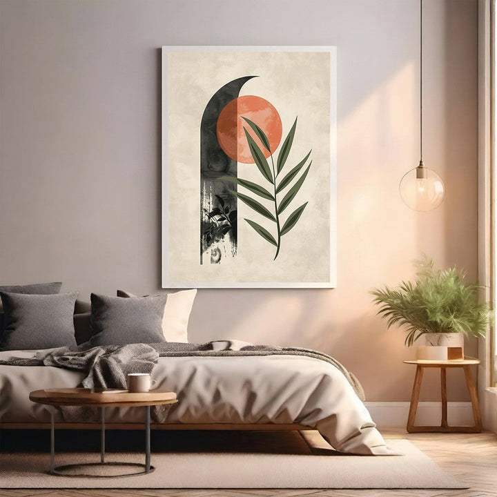 Wadi Home Abstract Botanical Sun Moon Wall Art with minimalist design, earthy colors, and celestial elements.