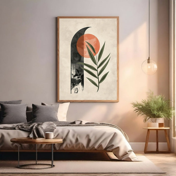 Wadi Home abstract botanical sun moon wall art with green leaf on beige background.