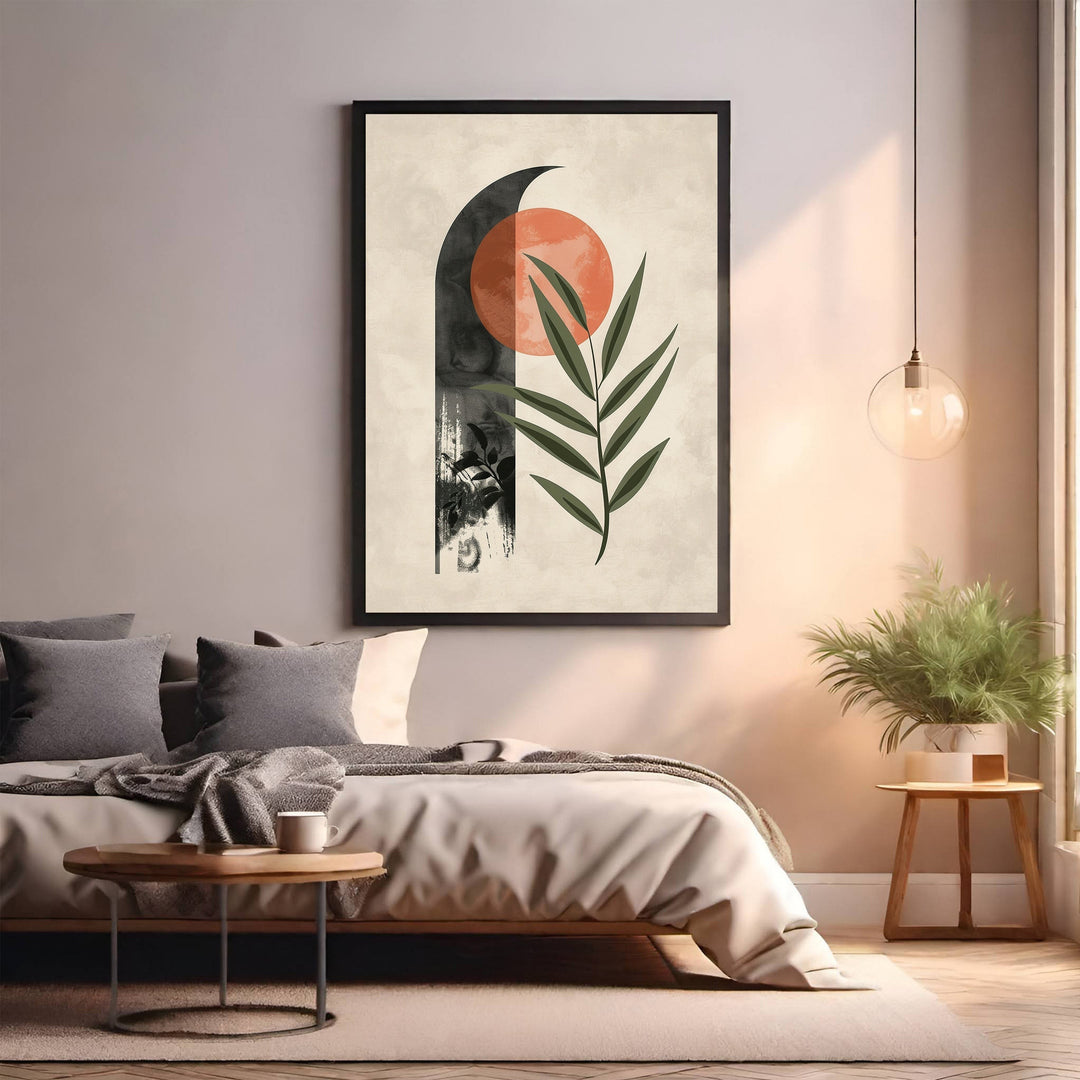 Wadi Home Abstract Botanical Sun Moon Wall Art with earthy tones, minimalist design, and celestial elements.