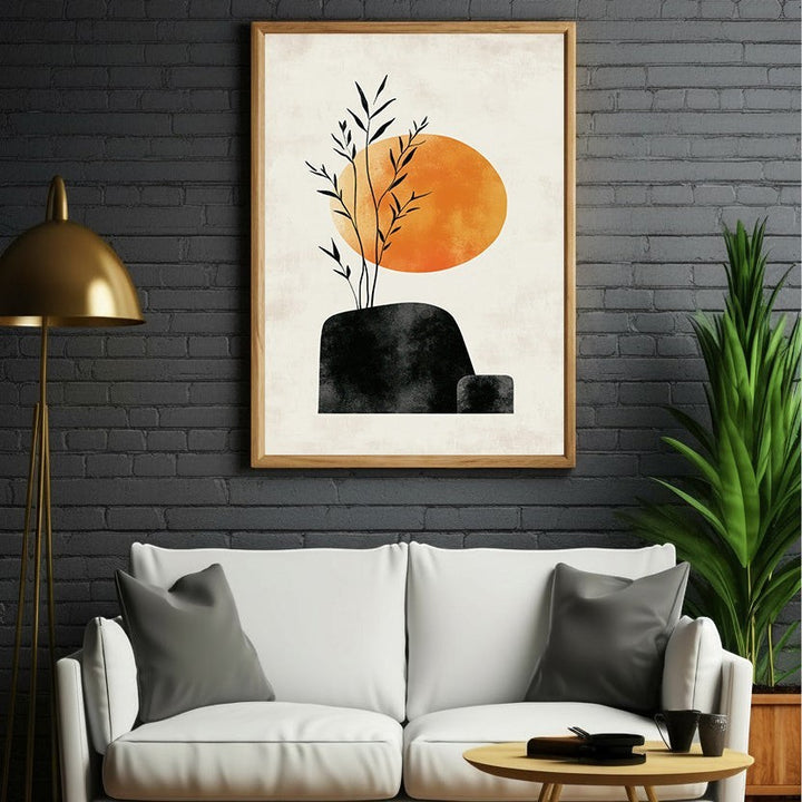 Wadi Home Abstract Botanical Sun Wall Art with orange sun, black shapes, and botanical elements on a neutral background.